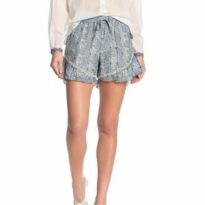Scotch & Soda Ruffle Hem Drawstring Shorts in Blue Paisley Floral Print